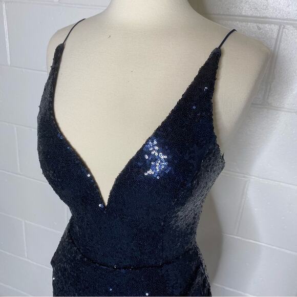 Navy Sequins Deep V Neck Open Back Formal Mini Dress P - Picture 3 of 13